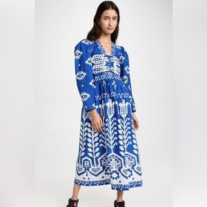 Sea New York Sonia Royal Blue and White Long Sleeve maxi dress